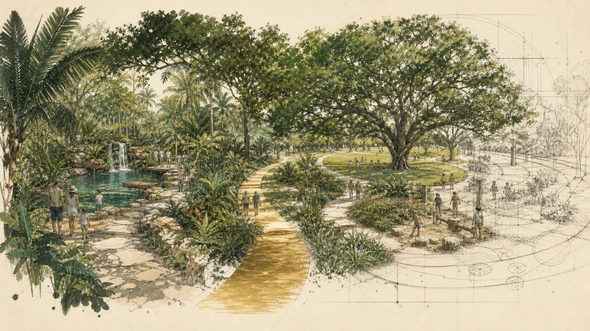 Pinecrest Gardens and the planned Gary C. Matzner Park joined through a continuous public landscape.