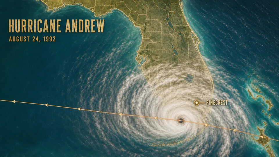 Map showing Hurricane Andrew crossing South Florida near Pinecrest.