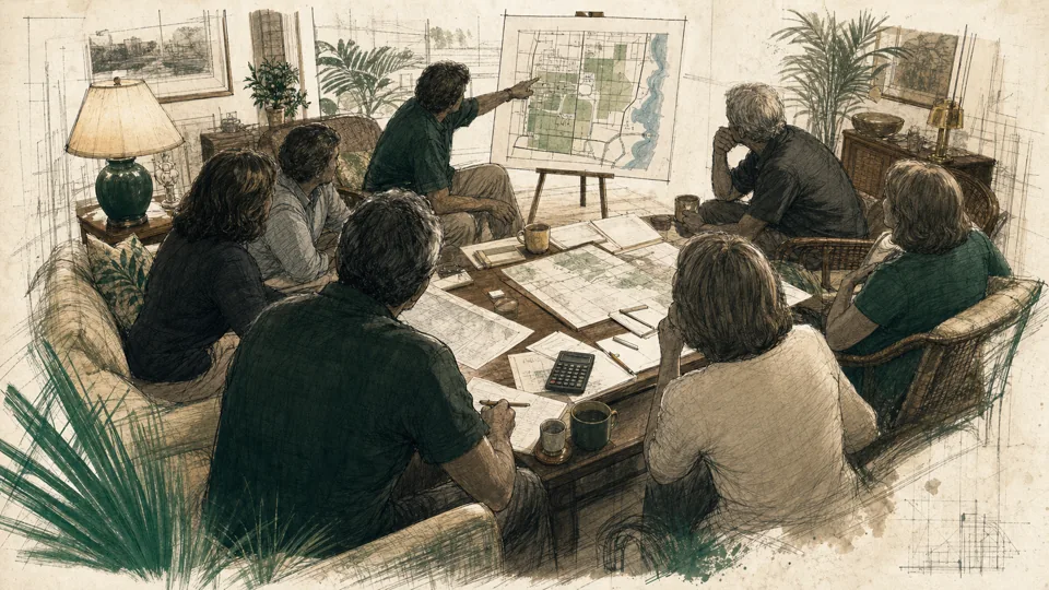 Neighbors organizing Pinecrest’s incorporation campaign around a living-room table.