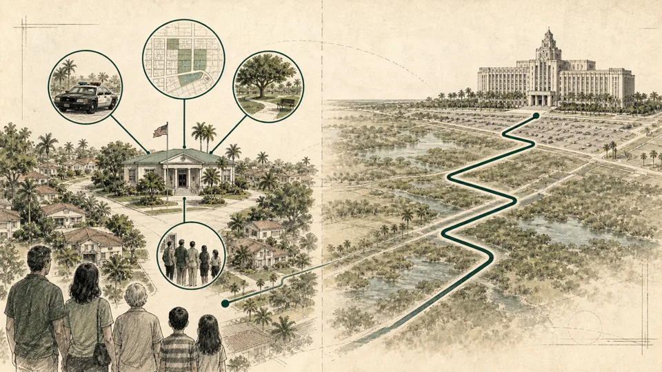 Civic diagram contrasting nearby local services with the long route to distant county government.