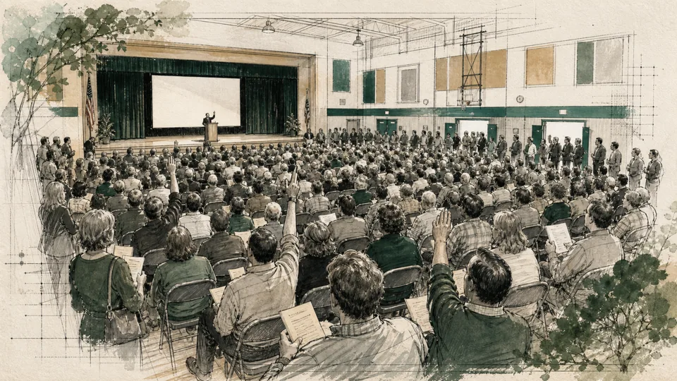 A school auditorium crowded for a Pinecrest incorporation meeting.